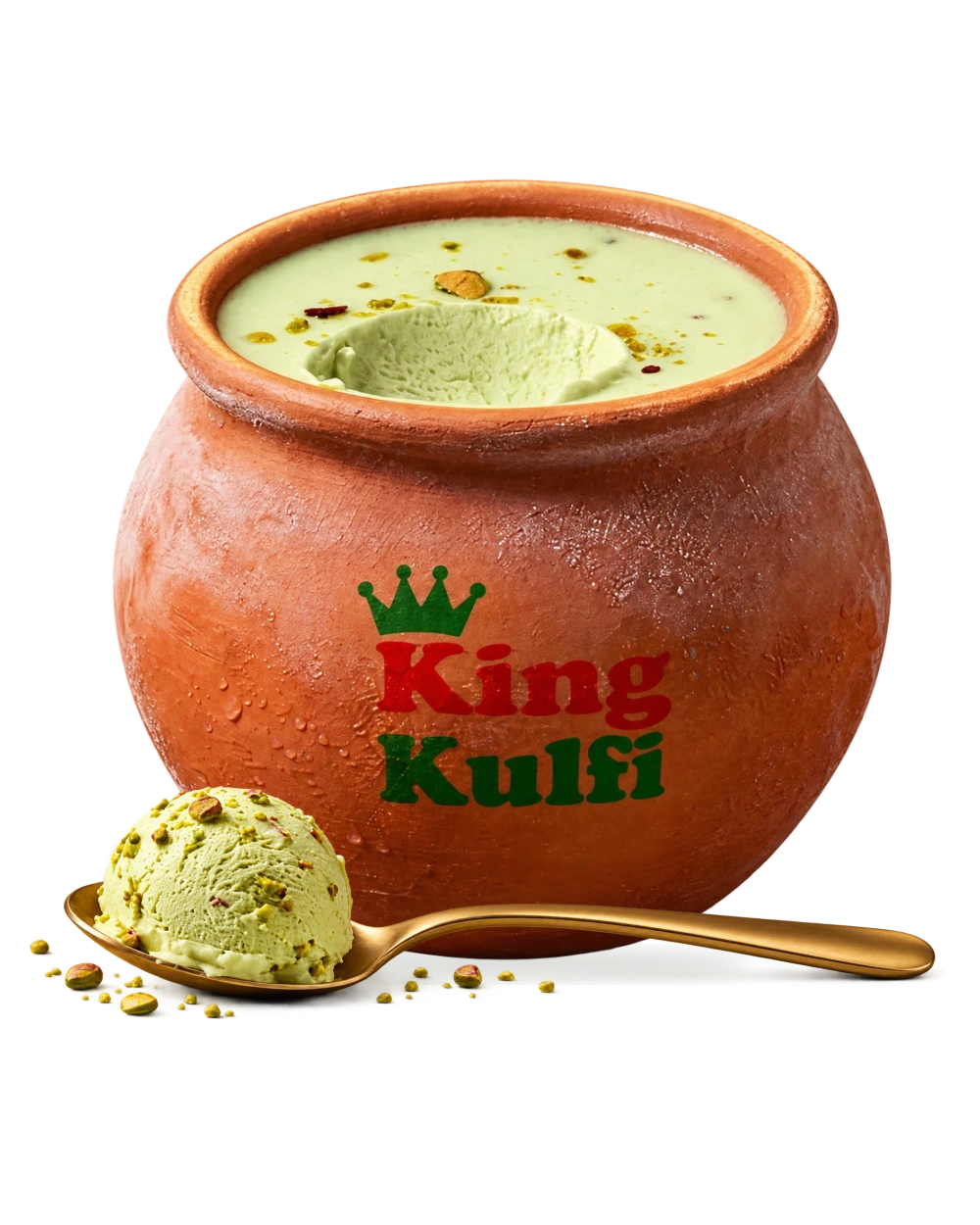 Pistachio matka kulfi in a branded terracotta pot, with a gold spoon and scoop resting at the base.